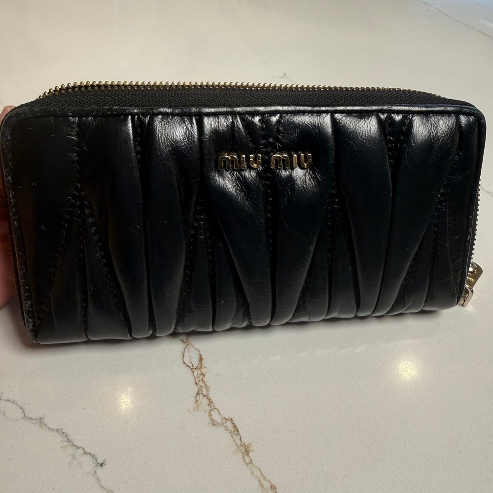 Miu Miu Matelassé Black Leather Zip Around Continental Wallet Gold Logo